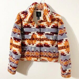 Forever 21 Aztec Patterned Cropped Button Front Teddy Bear Fleece Jacket Collar